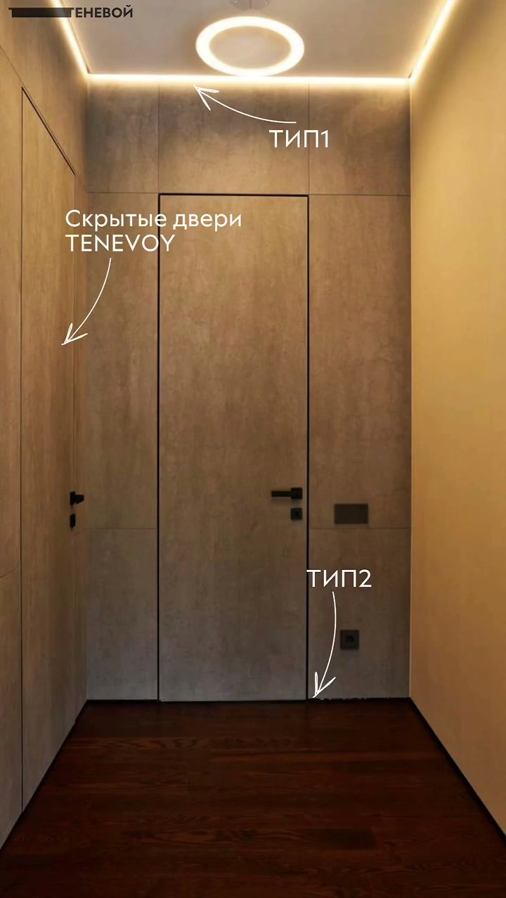 Узкое помещение с двумя скрытыми дверями в серой отделке, по краю потолка световая линия, надписи указывают на ТИП 1 вверху и ТИП 2 у пола.